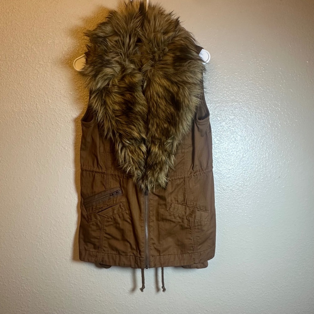 Anthropologie HEI HEI Faux Fur Zip Cargo Vest Brown Y2K Safari Mob Wife S NWOT